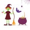 Vector set illustration with cute cartoon witch.