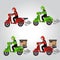 Vector set illustration of a motorcyclist delivering goods orders to customers