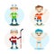 Vector set of illustrations of a boy involved in swimming, hockey, soccer and roller skating
