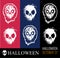 Vector set of illustrations for Halloween, creepy zombie head, skull white color on red, dark blue and black isolated.