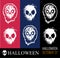Vector set of illustrations for Halloween, creepy zombie head, skull white color on red, dark blue and black isolated