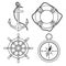 Vector set with isolated anchor, lifebuoy, ships wheel, compass.