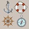 Vector set with isolated anchor, lifebuoy, ships wheel, compass.