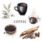 Vector set of isolated elements of watercolor coffee