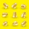 Vector set of isolated gold thimbles on a yellow background