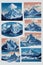 Vector set of isolated snowy mountains, mountain peak, hill top, iceberg, nature landscape.