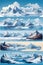 Vector set of isolated snowy mountains, mountain peak, hill top, iceberg, nature landscape.