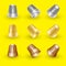 Vector set of isolated steel, gold, bronze thimbles on a yellow background