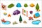 Vector set of isometric icons for camping. Active recreation. Forest element trees, stones, lakes , various tents