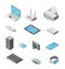 Vector set of isometric icons of computer devices, gadgets. 3d laptop, tablet, printer