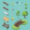 Vector set of isometric park objects: bench, trash box, trees