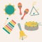 Vector set of kids musical instruments. Childrens musical toys - drum, maracas, triangle, bell, xylophone, tambourine.