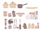 Vector set of kitchen accessories. Collection of culinary accessories in cartoon style. Knives and Castrulums.