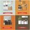 Vector set of kitchen interiors with refrigerator, stove, dishwaser, appliances.