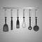 Vector set of kitchen utensils, cooking accessories on a gray background. Vector illustration