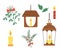 Vector set of lanterns with candles, holly leaves and mistletoe bunch isolated on white background. Cute funny illustration of new