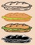 Vector set of a large sandwich with salad in a flat style. a set of hand-drawn sandwich made of a long bun with a green salad.