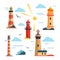 Vector set of lighthouses. Cartoon lighthouse, clouds, sun. Design elements