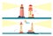 Vector set of lighthouses. Cartoon lighthouse with light beams. Design elements