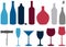 Vector set of liquor bottles, glasses & corkscrew.