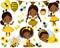 Vector Set with Little African American Girls, Bees, Honey, Balloons and Flowers