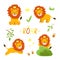 Vector set of little cute lion cubs playing in the forest with roar text