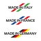 Vector set logos Made in Italy, Made in France and Germany