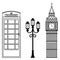 Vector set of London attractions. a set of vector silhouette illustrations of the sights of London, England.