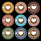 Vector set of love coffee cups with colorful pattern plates