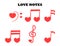 Vector set with love music. Icon of notes with hearts