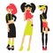 Vector set with lovely street fashion girls in bright summer clothes in neon colors. Skirts, crop-top and platform shoes. Various