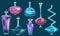 Vector set of magic colorful multicolored vials with potion. Pink, turquoise, blue, red, purple, indigo vessels with potion