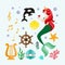 Vector set on the marine theme with mermaids and sea animals made in cartoon style. Mermaid with fish. Mermaid with fish and crab