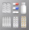 Vector set of medical pills and capsules in packs and white container isolated on transparent background