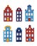 Vector set of minimalistic traditional houses. Vector collection of multi-colored facades of old buildings on white isolated