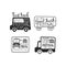 Vector set of monochrome food truck festival emblems. Creative logos with vans, burgers and lettering. Cafe on wheels