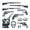 Vector set of monochrome pictures of different weapons and accessories for shooting club