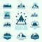 Vector set of mountain exploration vintage emblems and rock silhouette design elements