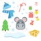 Vector set of mouse with xmas staff: lollipop, gifts, tree, iceberg, hat and scarf, fish and bells.
