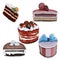 Vector set of mousse and bisquits cakes. American classic red velvet cake, and chocolate with meringue and strawberry mousse cakes