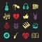 Vector set musical flat web icons. Multicolored with long shadow for internet, mobile apps, interface design