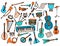 Vector set of Musical instruments, in orange and turquoise colors. hand-drawn doodle collection of trumpet, violin, harp, drum,