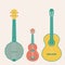 Vector set of musical strings instruments in cartoon flat style. Isolated on beige background - guitar, banjo, ukulele.
