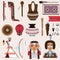 Vector set with native american indians houseware objects, music instruments and accessories. Pottery, rugs, tepee, false face mas