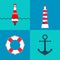 Vector set of nautical and marine elements with sea buoy, lighthouse, life ring and anchor