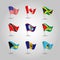 Vector set of nine flags anglo american states with largest population on silver pole - icon of states usa, canada, jamaica
