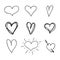 Vector Set of Nine Hand Drawn Hearts, Handdrawn Rough Marker Icons, Black Drawings Isolated.