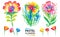 Vector set with oil pastel childlike stylized flowers isolated on white background. Floral abstract drawing in sketch style.