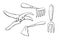 Vector set of outline garden tools: hoes, fork, pruner, pruning shears. Equipments for working in the garden, on farm