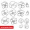 Vector set with outline Pansy or Heartsease or Viola tricolor flower and leaf in black isolated on white background.